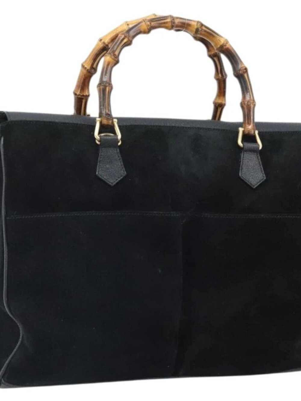 GUCCI Bamboo Tote Bag Suede Leather Black Gold